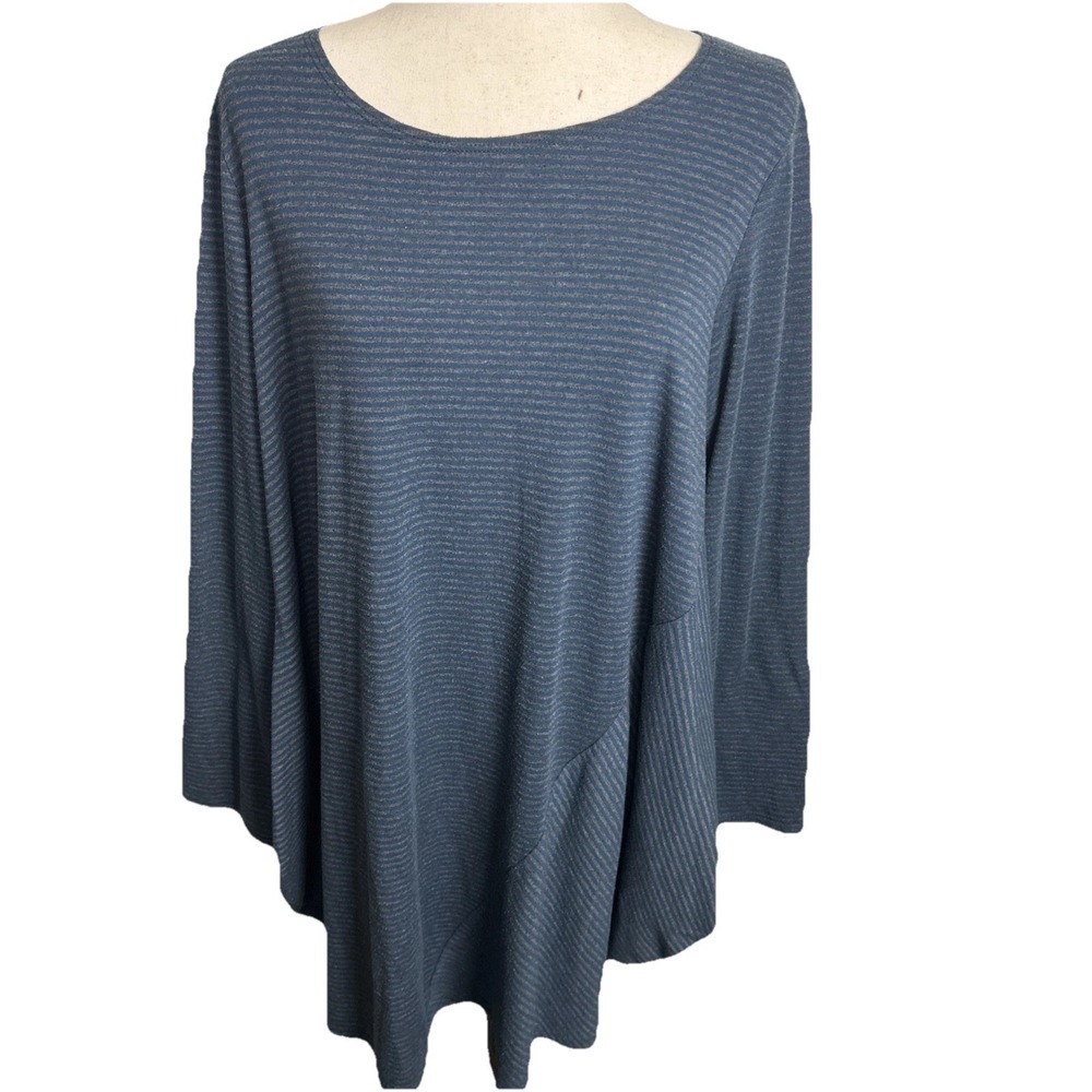 Chalet et Ceci Tunic Top Womens XL Asymmetric Hem Blue Stripe Lagenlook